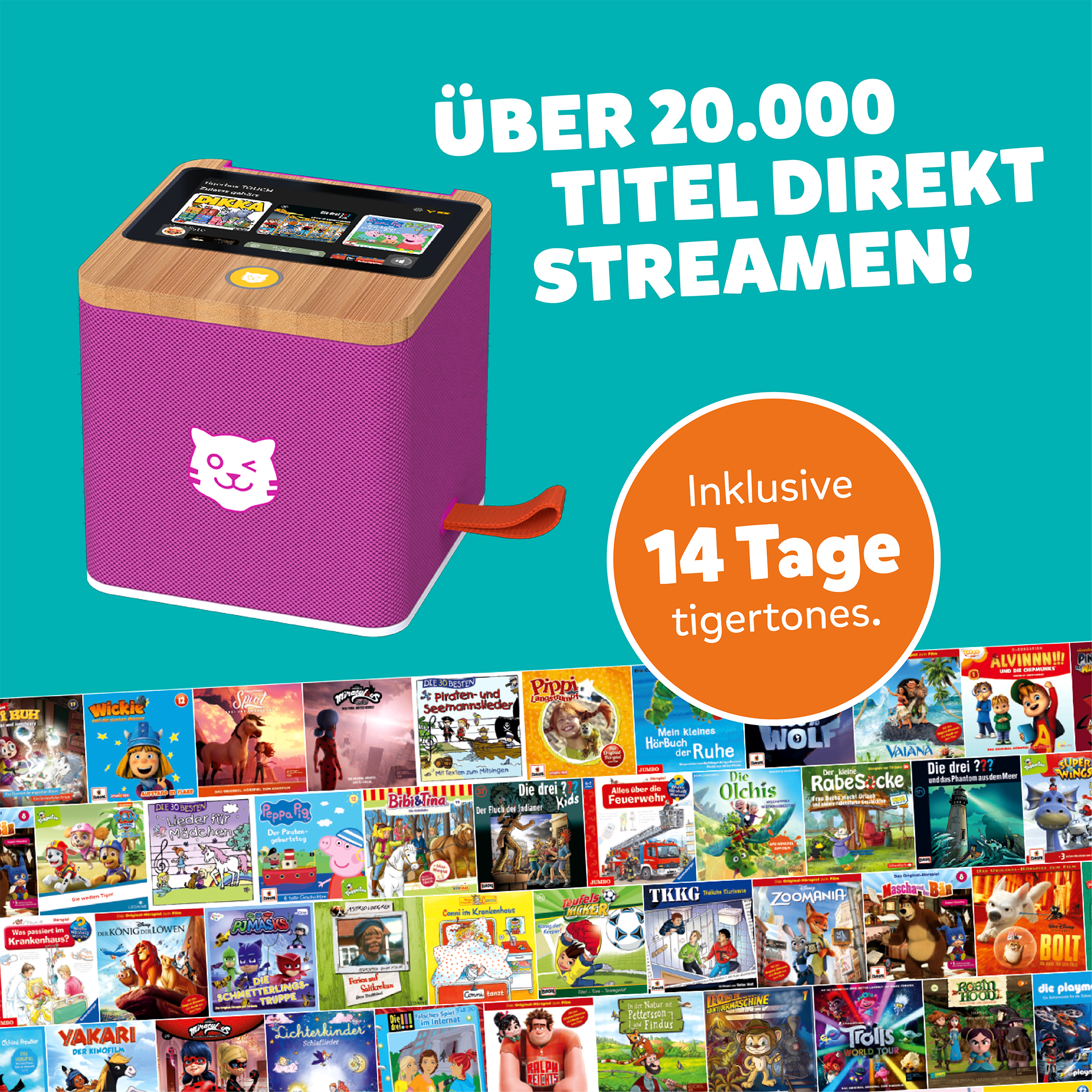 Detailaufnahme der tigerbox TOUCH PLUS mit Darstellung beispielhafter Titel aus dem tigertones Abo