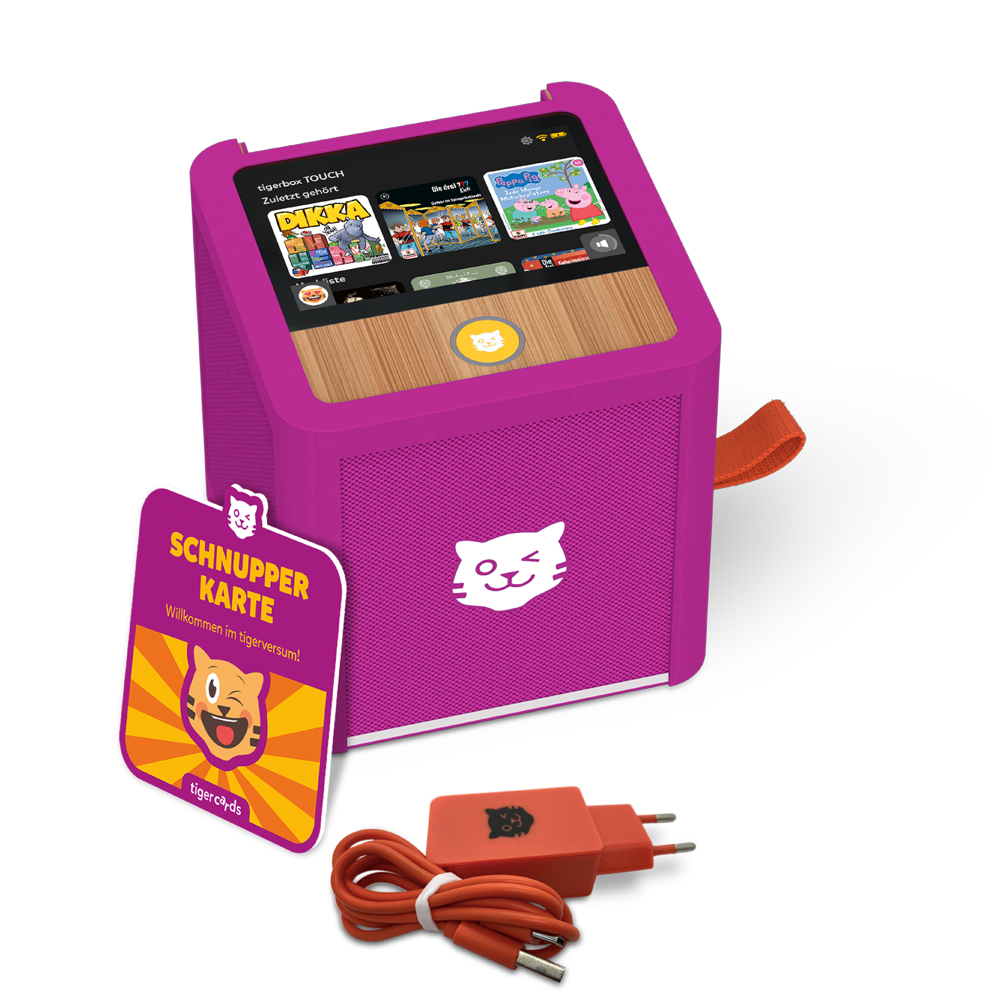 Detailaufnahme der tigerbox TOUCH PLUS inklusive Stecker, USB-Ladekabel und tigercard