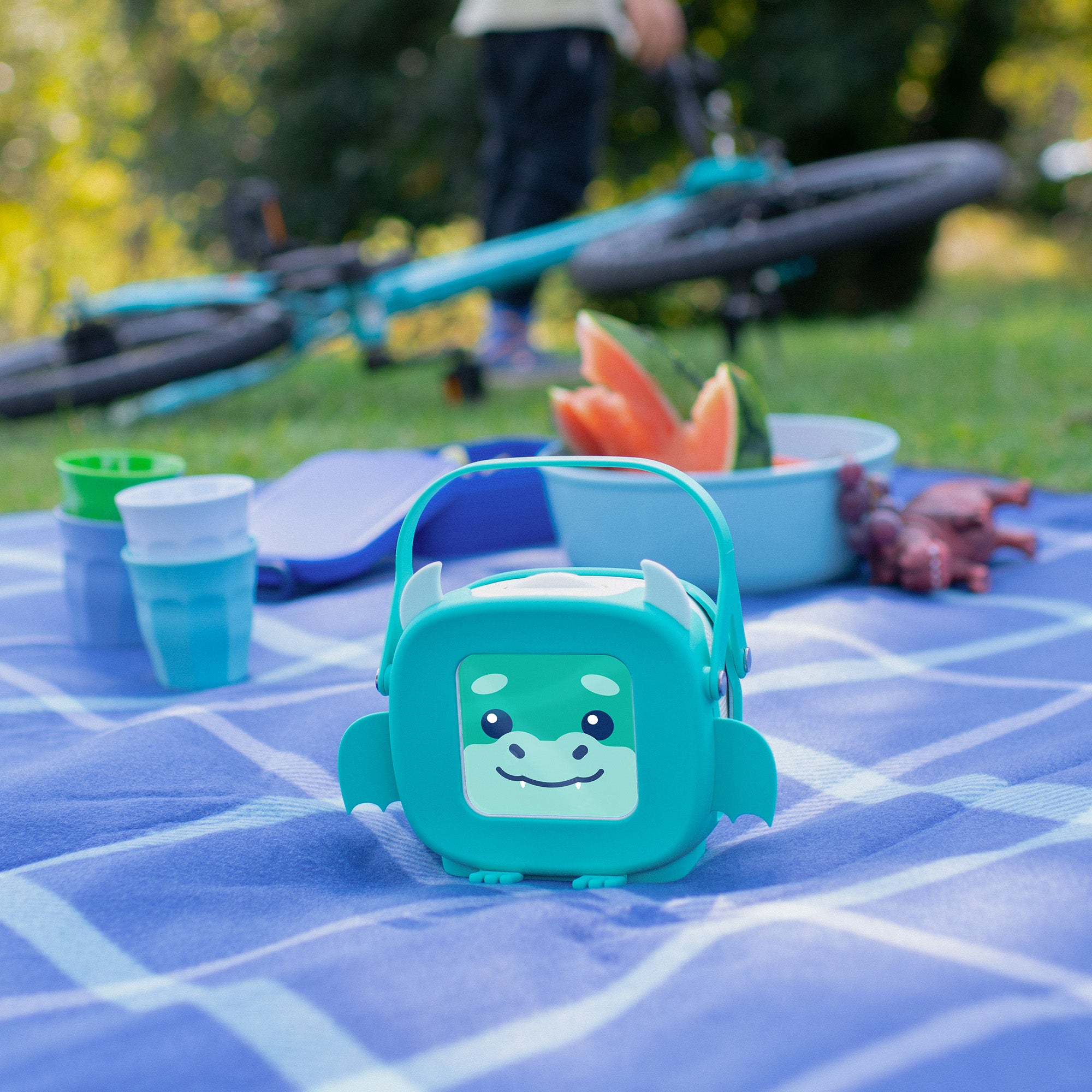 Detailaufnahme der tigerbox MINI mit Dino Drache Tragehülle auf Picknickdecke
