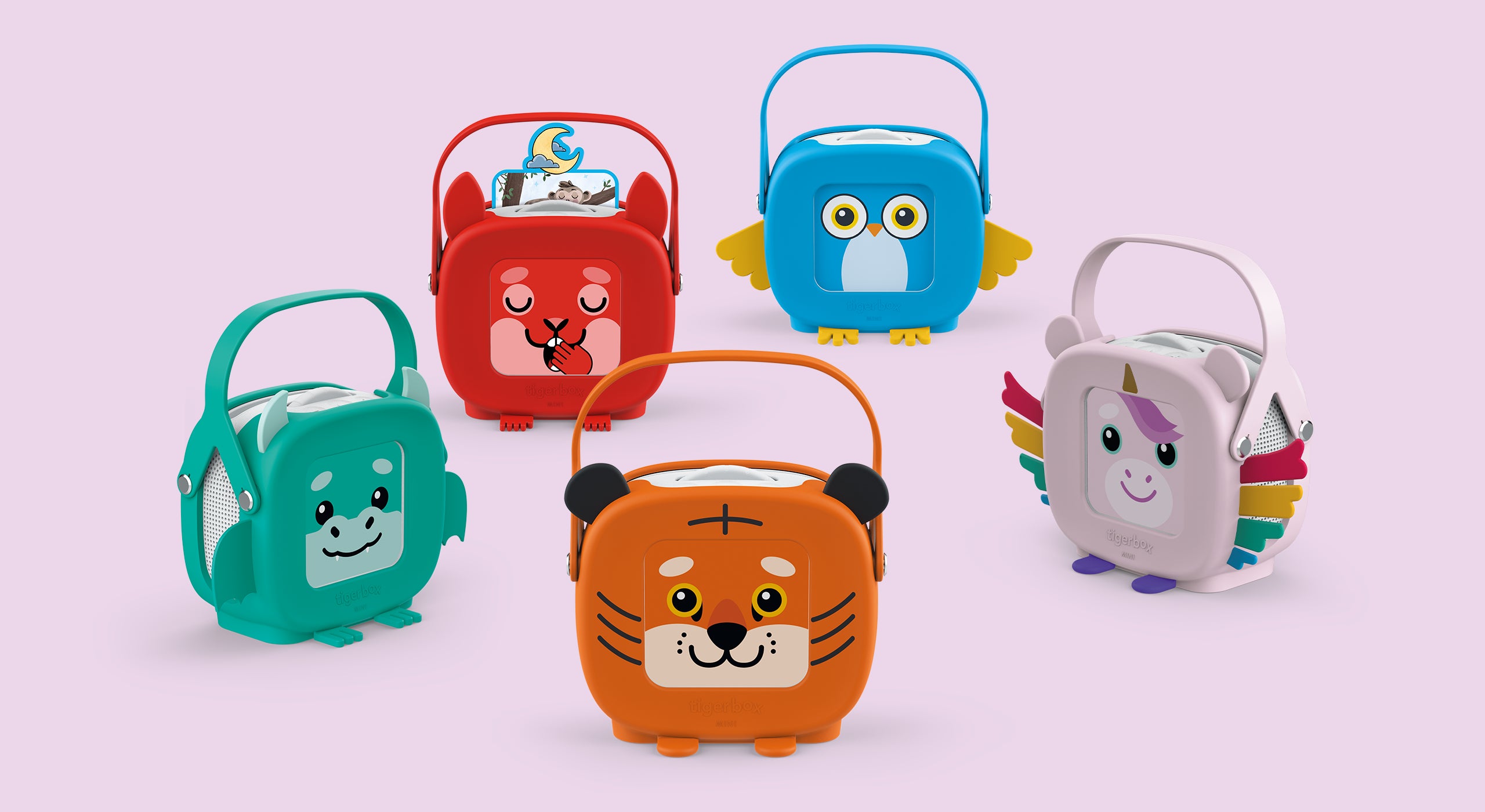 tigerbox MINI Tragehüllen: Tiggi, Elphi, Dino, Henny und Kalli als Charakterübersicht.